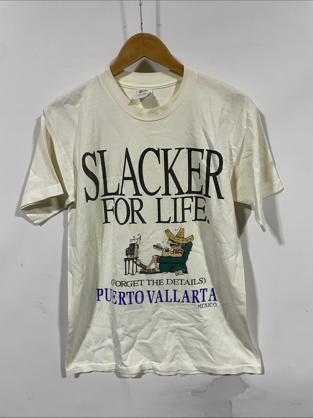 Vintage 90s Slacker For Life Puerto Vallarta Graphic Tee - Cream